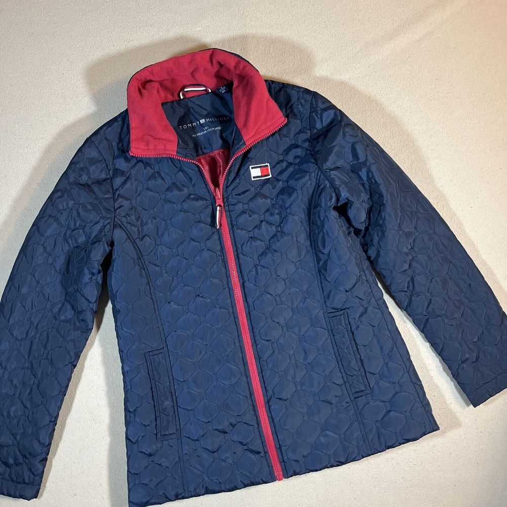 Tommy Hilfiger Quilted Jacket Women’s Small Zipper Pockets‎ Navy Blue Red